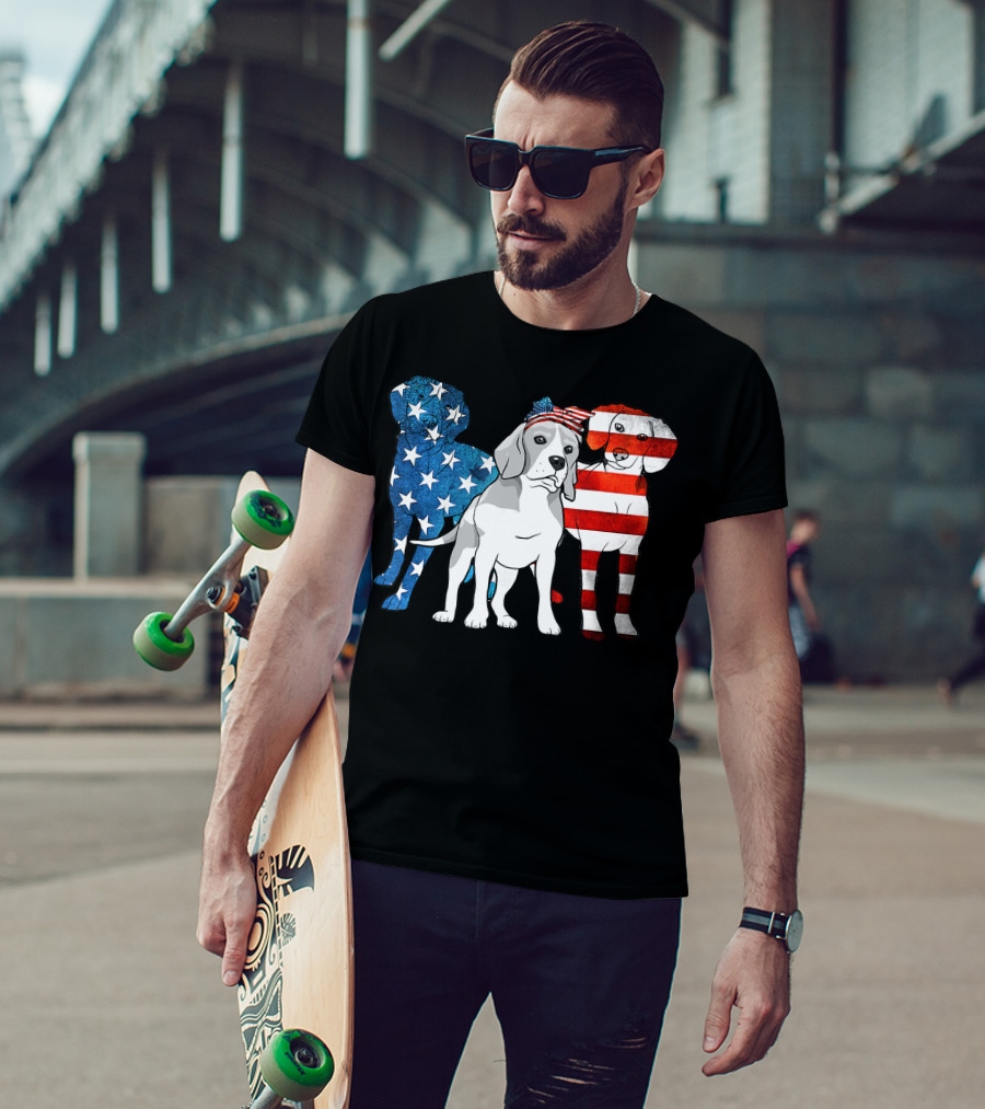American Beagle Trio With Patriotic Stars And Stripes US Flag Motif T-Shirt