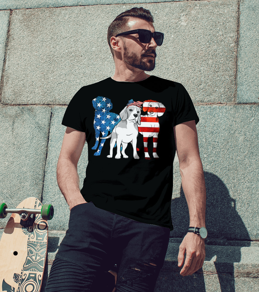 American Beagle Trio With Patriotic Stars And Stripes US Flag Motif T-Shirt