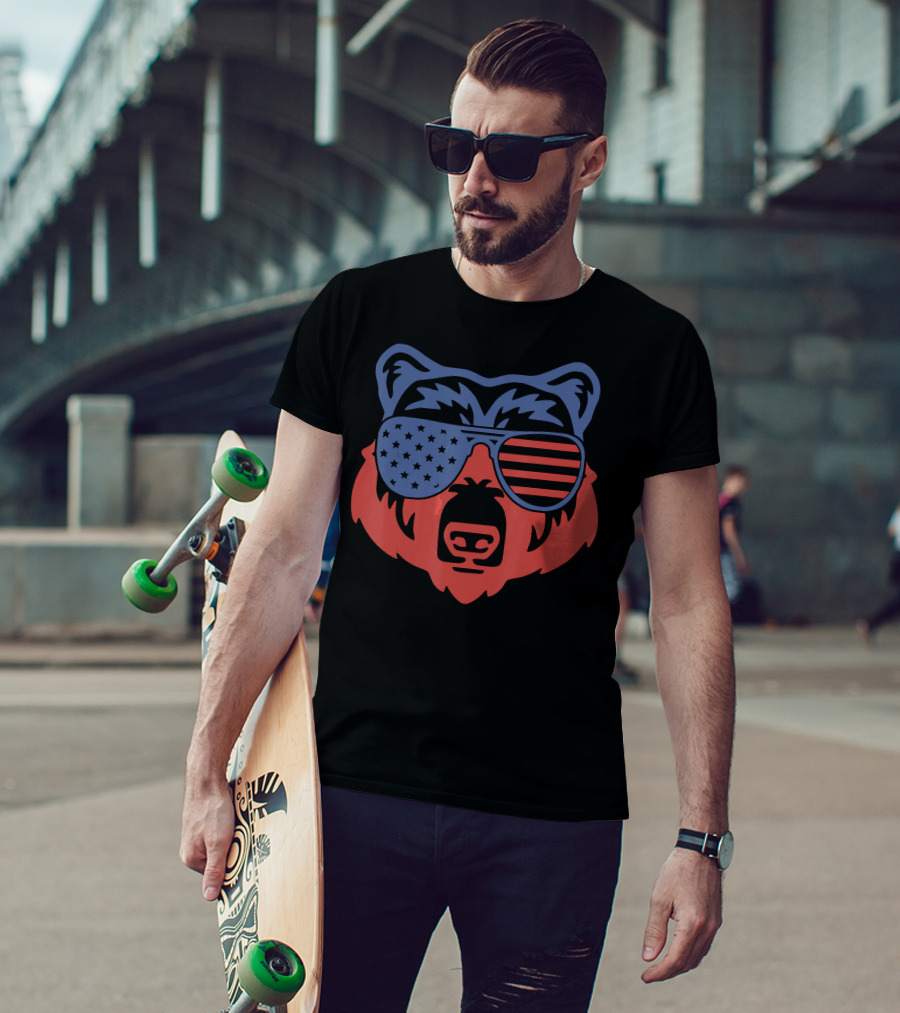 American Patriotic Bear With Flag Sunglasses T-Shirt