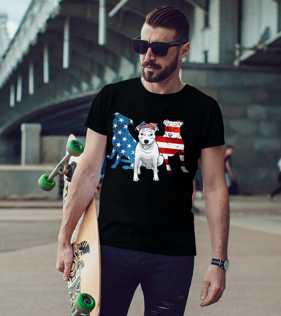 American Pitbull Trio With US Flag T-Shirt
