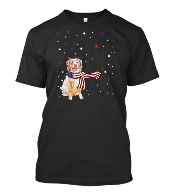 Australian Shepherd Dog With American Flag Scarf Surrounded By Stars T-Shirt