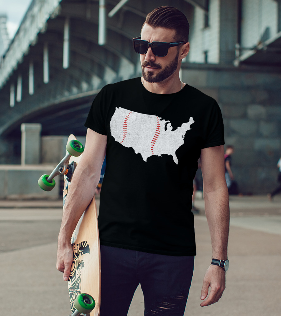 Baseball America's Pastime USA Map Stitching T-Shirt