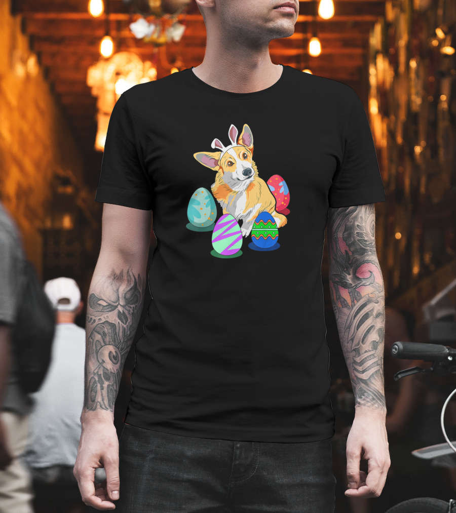 Corgi With Bunny Ears Surrounded By Colorful Easter Eggs T-Shirt