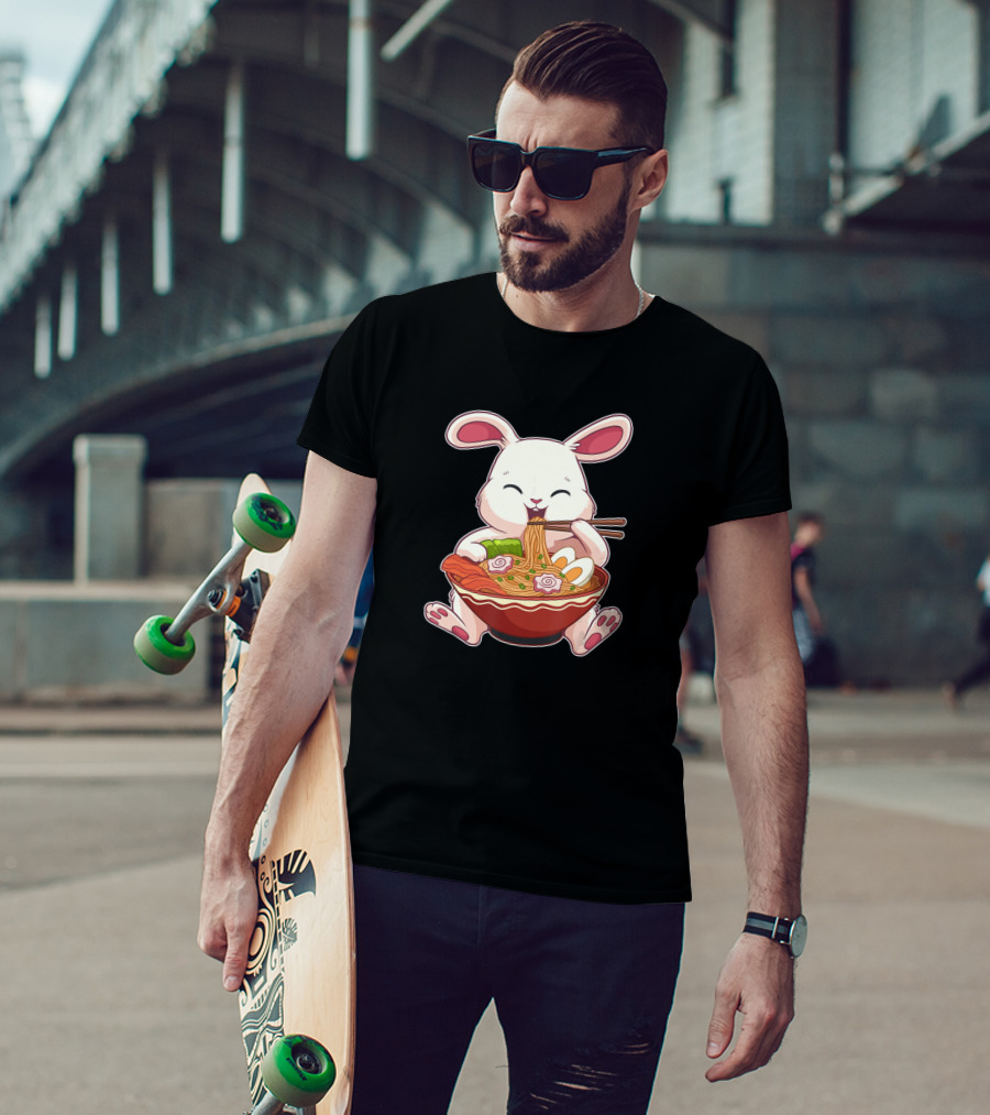 Kawaii Japanese Easter Bunny Eating Ramen Noodles With Egg T-Shirt