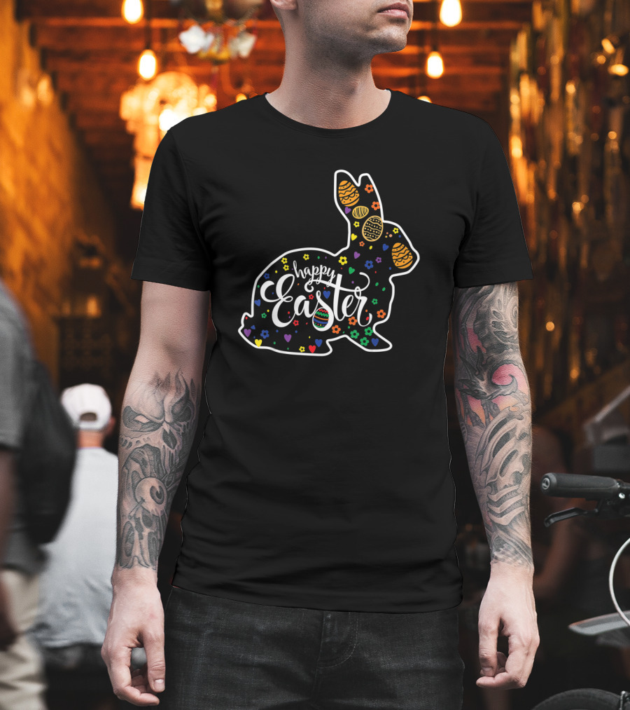 Happy Easter Bunny Rabbit Colorful Eggs and Hearts T-Shirt