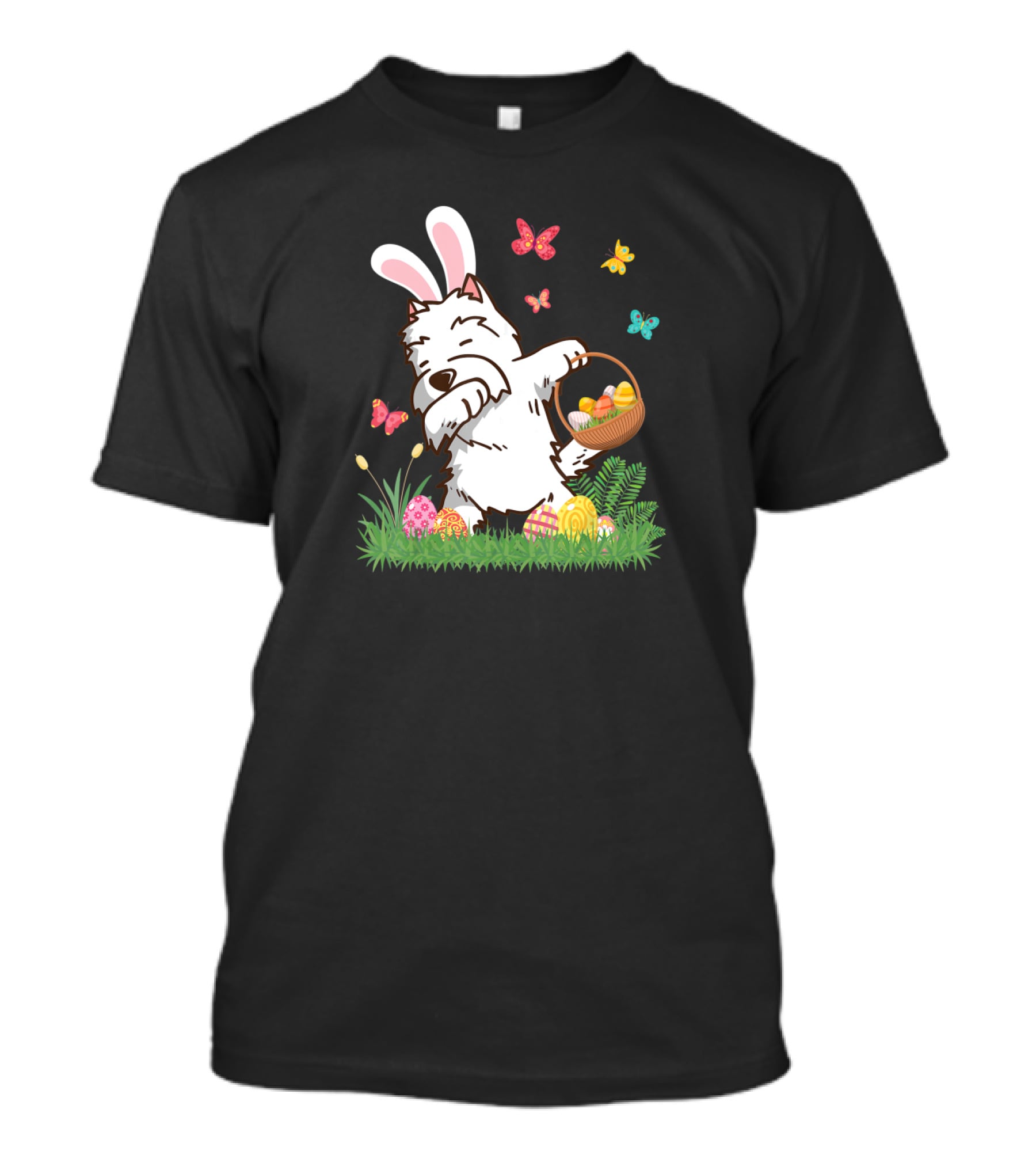 Westie Dog In Bunny Ears Dabbing With Easter Egg Basket And Butterflies T-Shirt