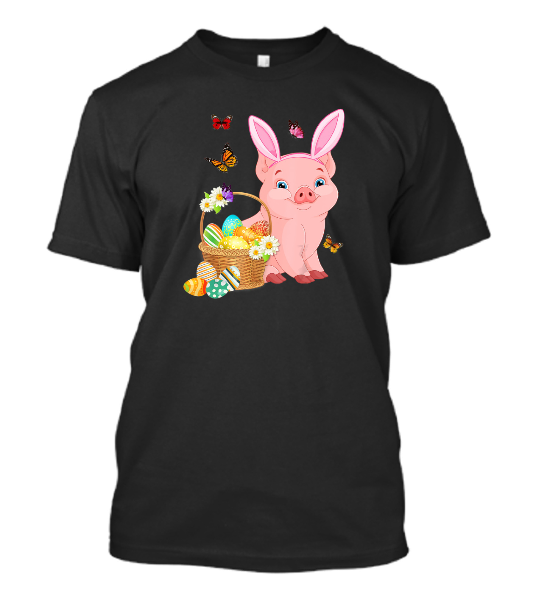 Pig Wearing Bunny Ears With Easter Egg Basket And Butterflies T-Shirt