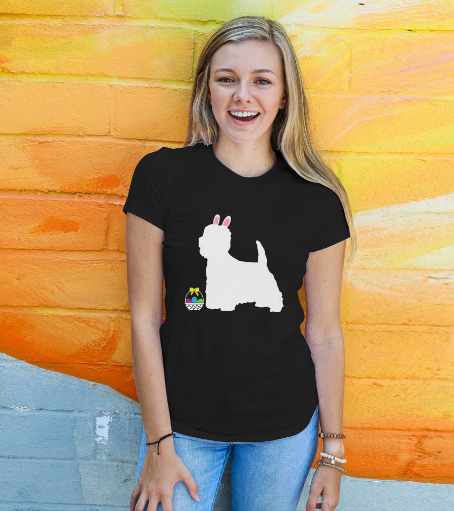 Westie West Highland Terrier Easter Bunny Dog With Colorful Egg Basket T-Shirt