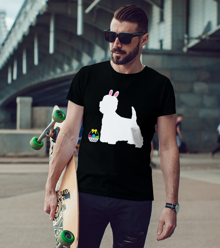 Westie West Highland Terrier Easter Bunny Dog With Colorful Egg Basket T-Shirt