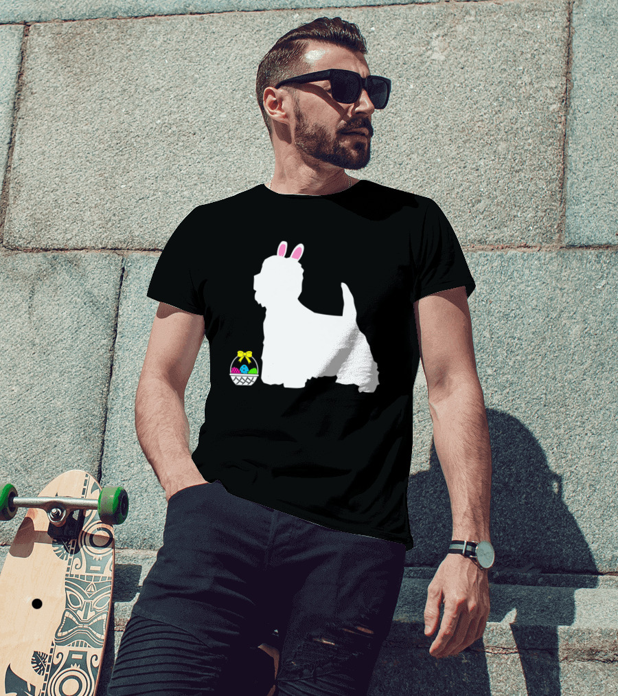 Westie West Highland Terrier Easter Bunny Dog With Colorful Egg Basket T-Shirt