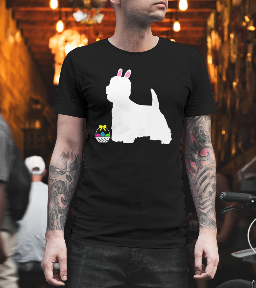 Westie West Highland Terrier Easter Bunny Dog With Colorful Egg Basket T-Shirt