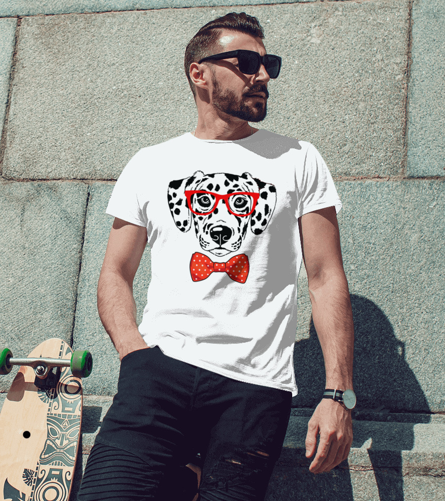 Hipster Dalmatian Dog With Red Glasses And Bow Tie T-Shirt