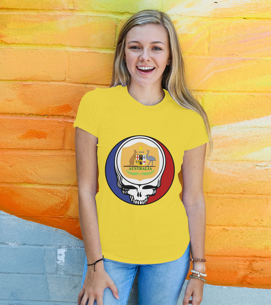 Australia National Football Team Grateful Dead Skull Emblem With Kangaroo And Emu Crest T-Shirt