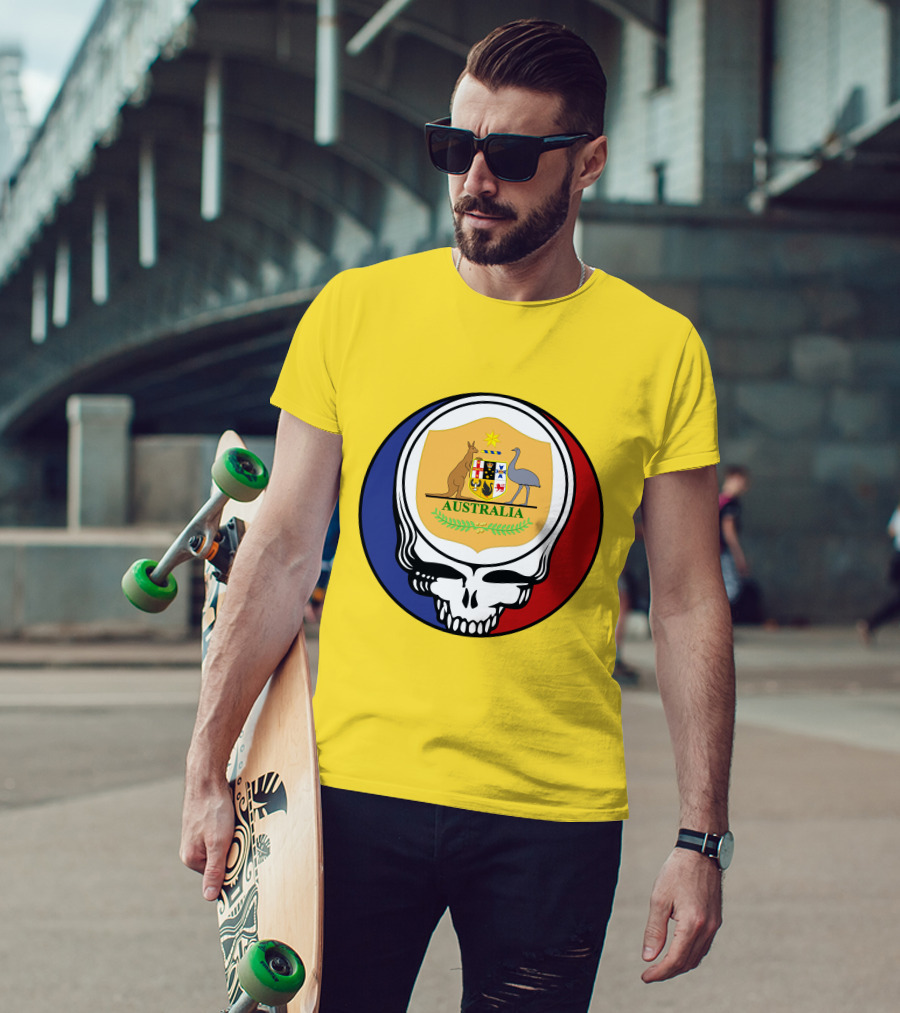 Australia National Football Team Grateful Dead Skull Emblem With Kangaroo And Emu Crest T-Shirt