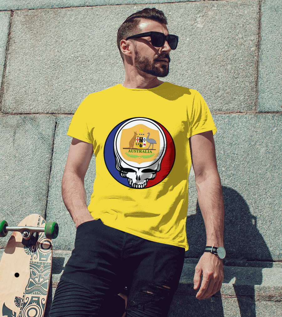 Australia National Football Team Grateful Dead Skull Emblem With Kangaroo And Emu Crest T-Shirt