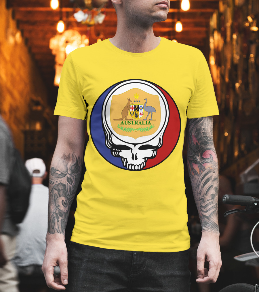 Australia National Football Team Grateful Dead Skull Emblem With Kangaroo And Emu Crest T-Shirt