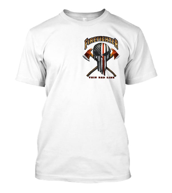 Firefighter Thin Red Line Punisher Skull American Flag Crossed Axes T-Shirt