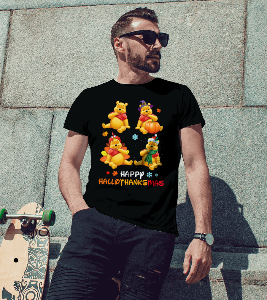 Happy Hallothanksmas Pooh Bear Seasonal Holiday Fun T-Shirt