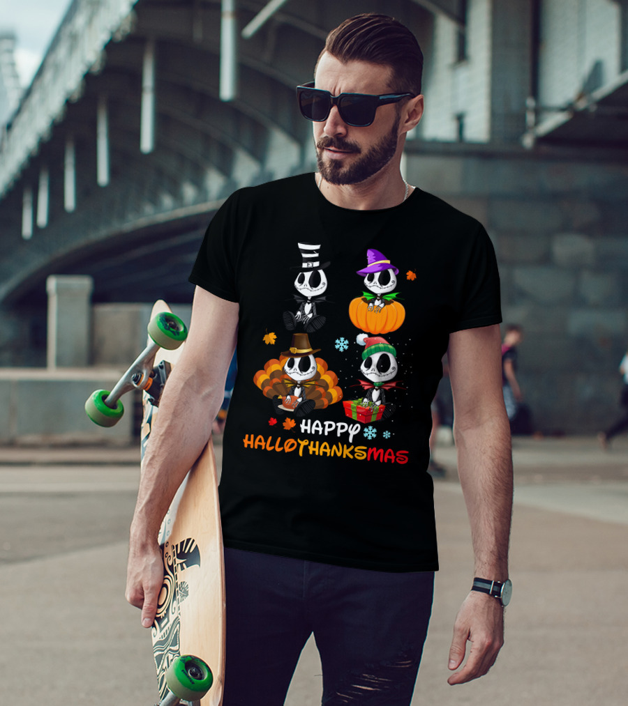 Jack Skellington Happy HALLOTHANKSMAS Pumpkin Witch Hat Turkey Santa Gift Snowflake Leaves T-Shirt