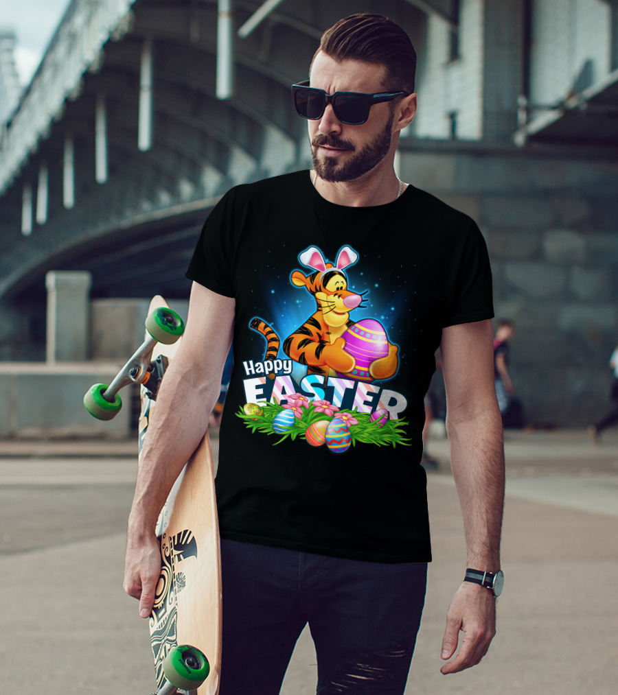 Happy Easter Tigger With Colorful Easter Eggs And Bunny Ears T-Shirt