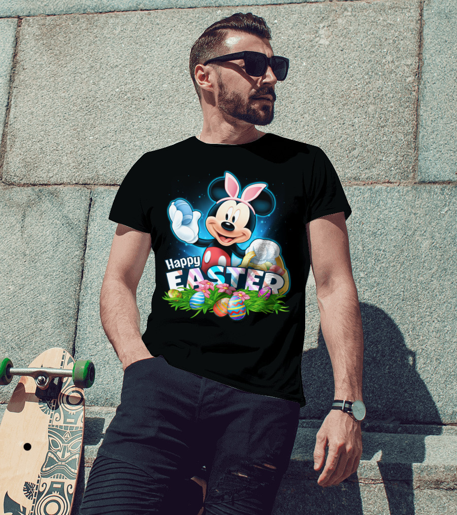 Mickey Mouse Happy Easter With Bunny Ears And Colorful Eggs Basket T-Shirt