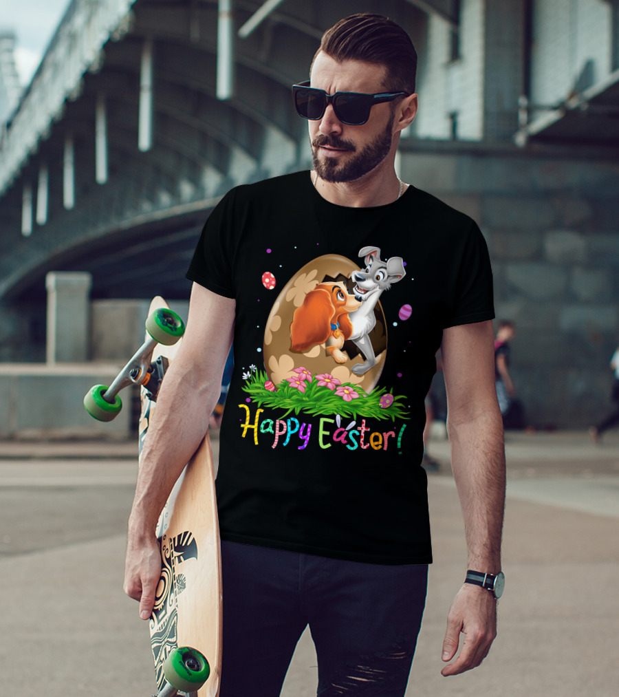 Lady And The Tramp Happy Easter Egg Scene With Colorful Flowers And Eggs T-Shirt