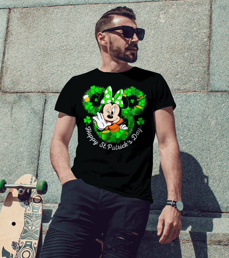 Minnie Mouse Happy St. Patrick's Day Shamrocks And Leprechaun Hat T-Shirt