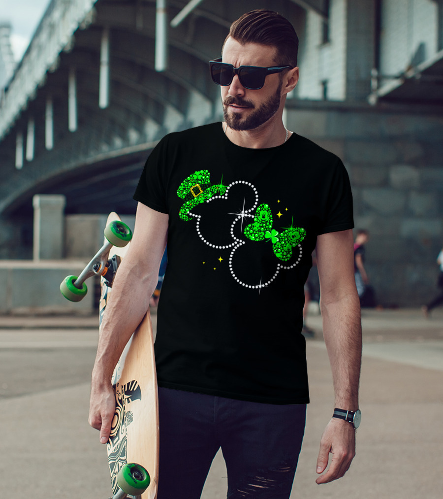 Mickey Minnie St. Patrick's Day Sparkling Green Hat And Bow T-Shirt