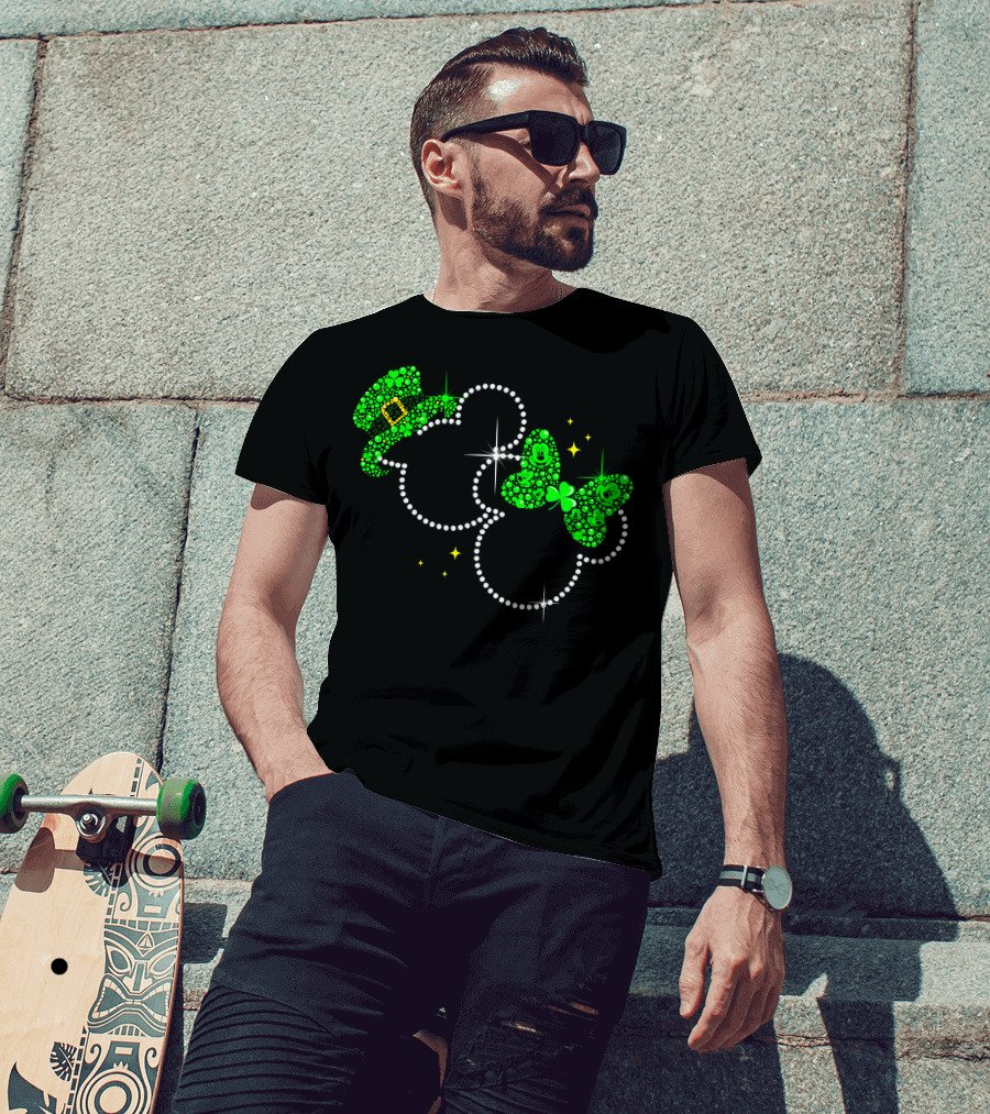 Mickey Minnie St. Patrick's Day Sparkling Green Hat And Bow T-Shirt