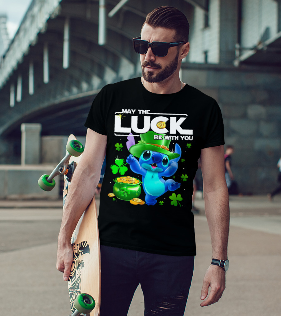 Stitch May The Luck Be With You Featuring Green Hat And Shamrocks T-Shirt