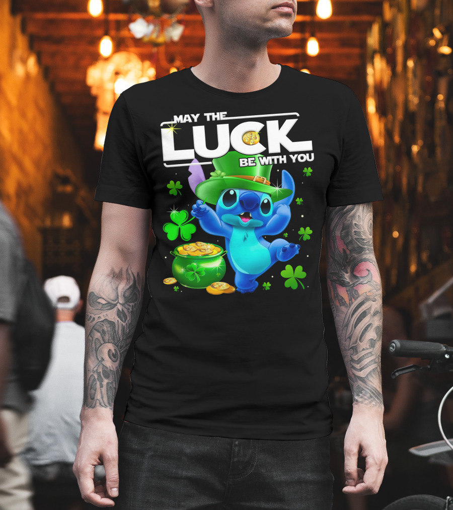 Stitch May The Luck Be With You Featuring Green Hat And Shamrocks T-Shirt