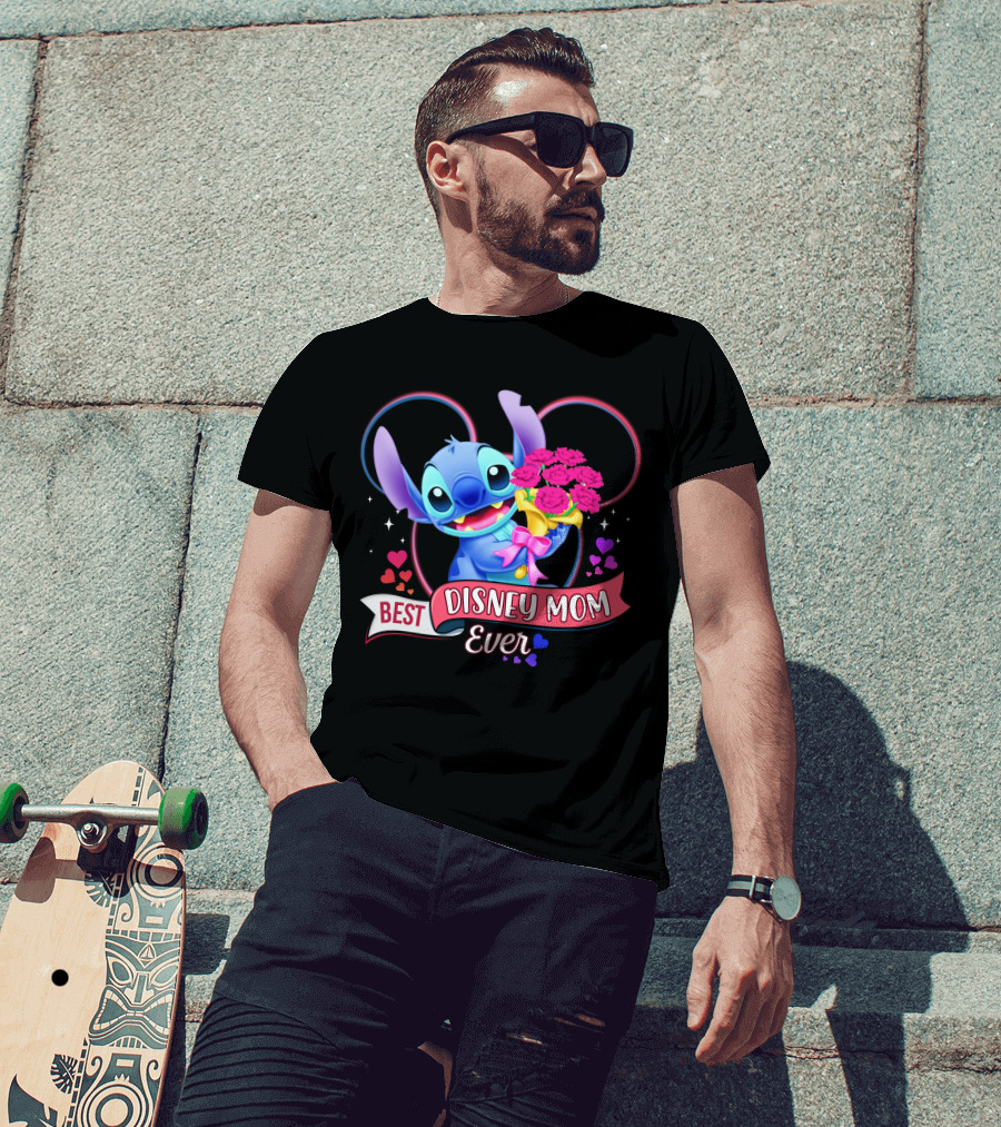 Best Disney Mom Ever Stitch With Flowers And Hearts T-Shirt