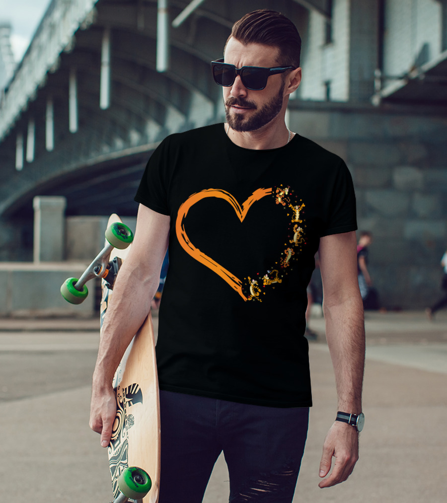 Tigger Heart Orange Brushstroke With Dancing Tiggers And Stars T-Shirt