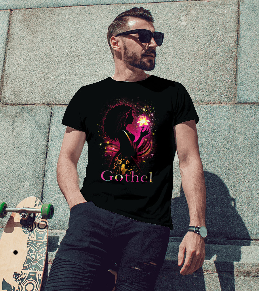 Gothel Silhouette With Glowing Flower And Cosmic Background T-Shirt