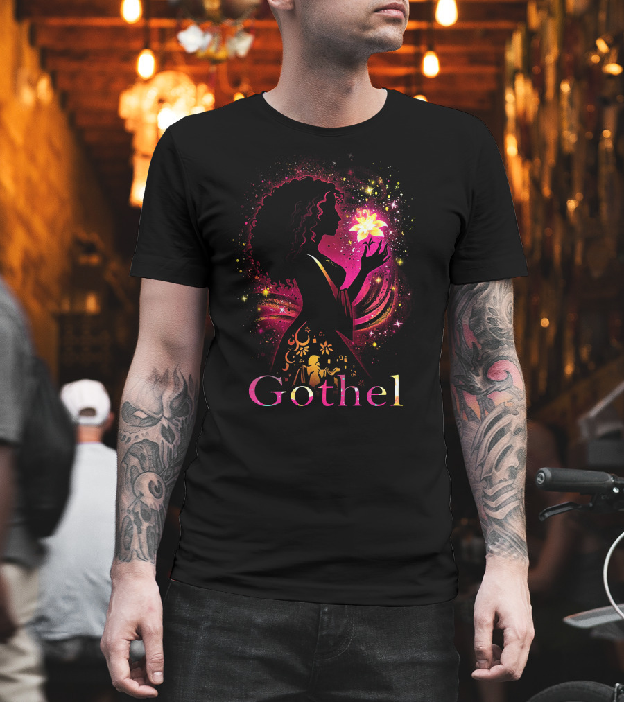 Gothel Silhouette With Glowing Flower And Cosmic Background T-Shirt