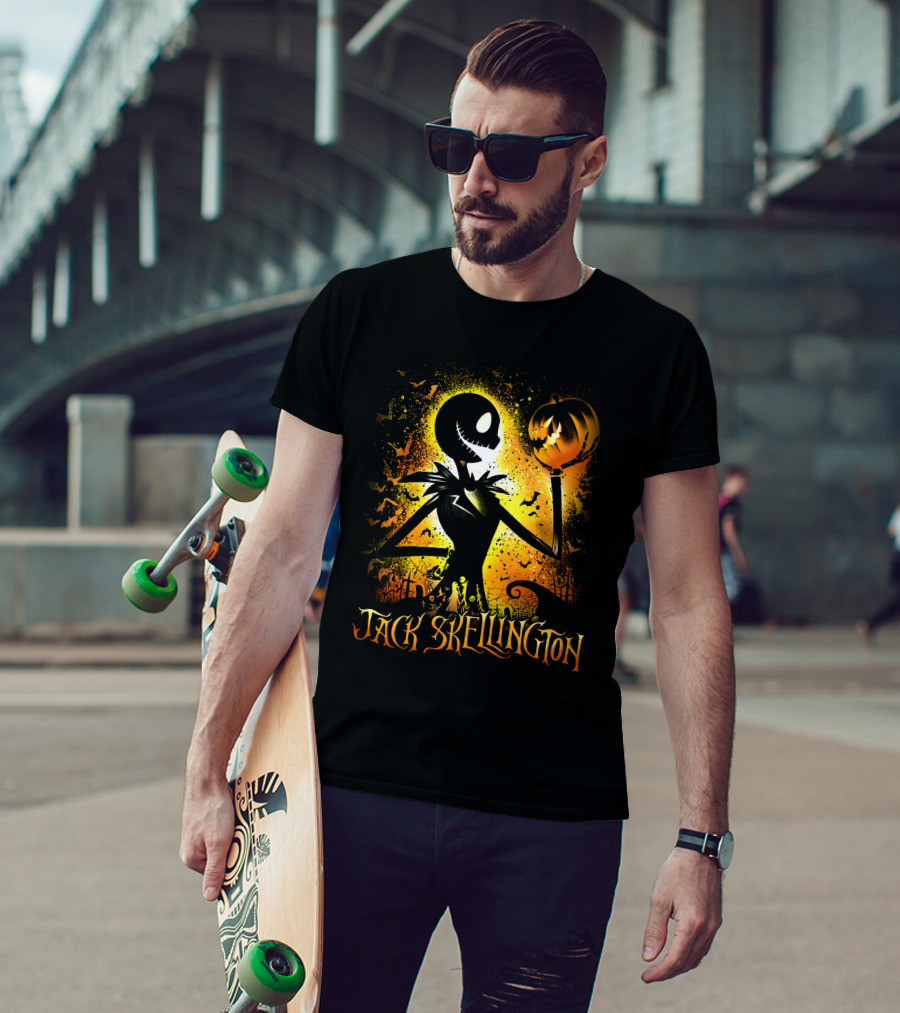 Jack Skellington Holding Pumpkin In Halloween Scene With Bats And Graveyard T-Shirt