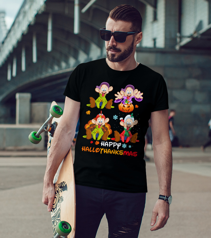Happy Hallothanksmas Dopey Snow White Dwarfs Pumpkin Turkey Santa Hat T-Shirt