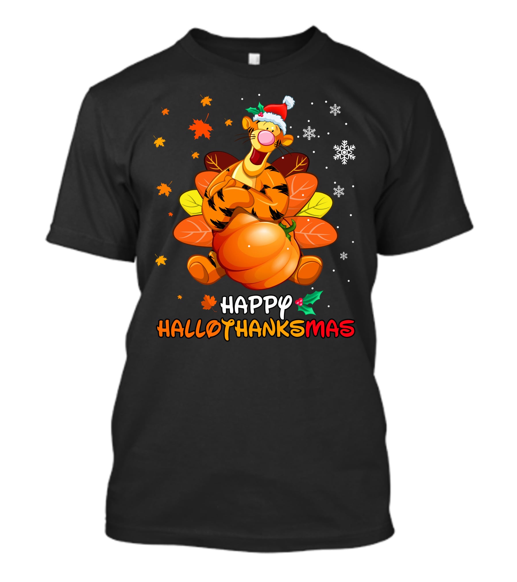 Happy Hallothanksmas Tg Tiger With Pumpkin Santa Hat And Turkey Feathers Snowflakes And Autumn Leaves T-Shirt