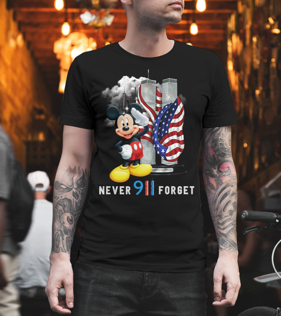 Never 9/11 Forget Mickey Twin Towers American Flag T-Shirt