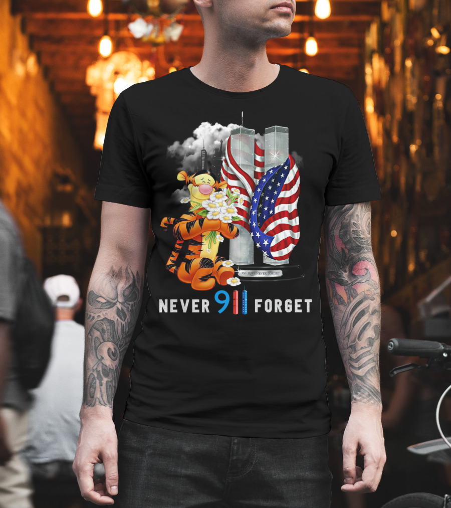 Never 911 Forget Tigger Holding Flowers Twin Towers American Flag T-Shirt