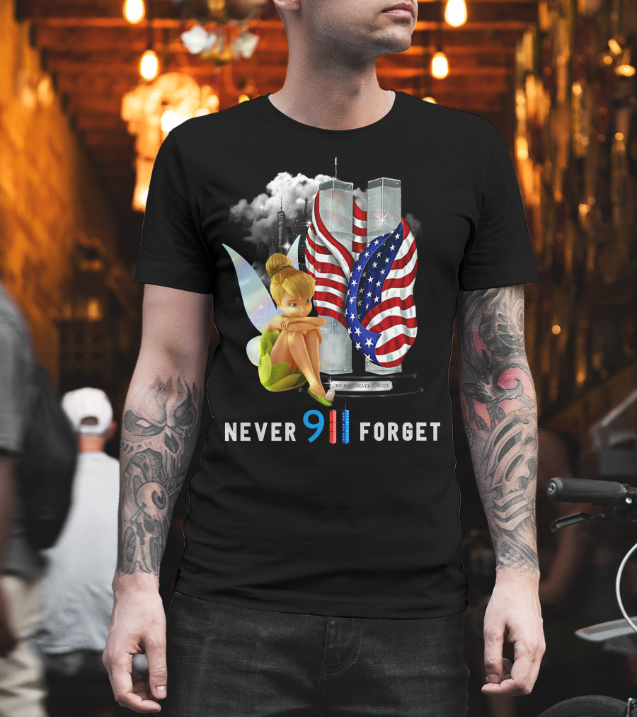 Tinker Bell Never 9/11 Forget Twin Towers American Flag Memorial T-Shirt