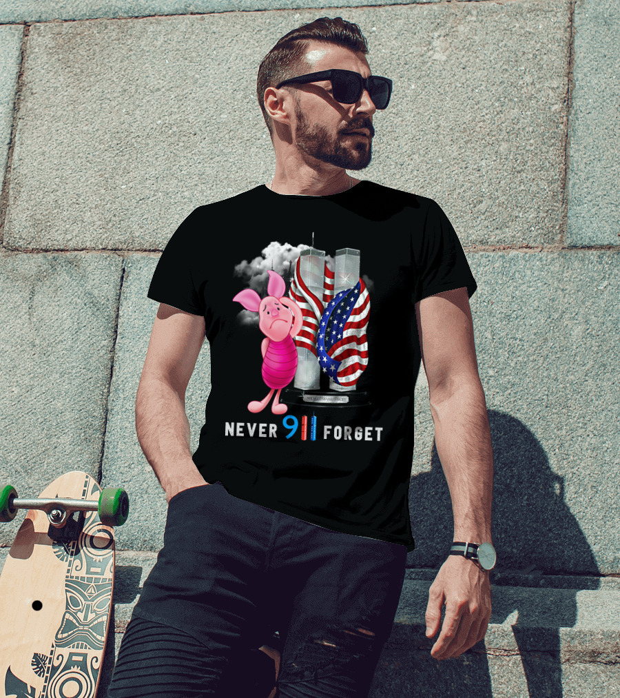 Never 9 11 Forget Piglet Twin Towers American Flag T-Shirt