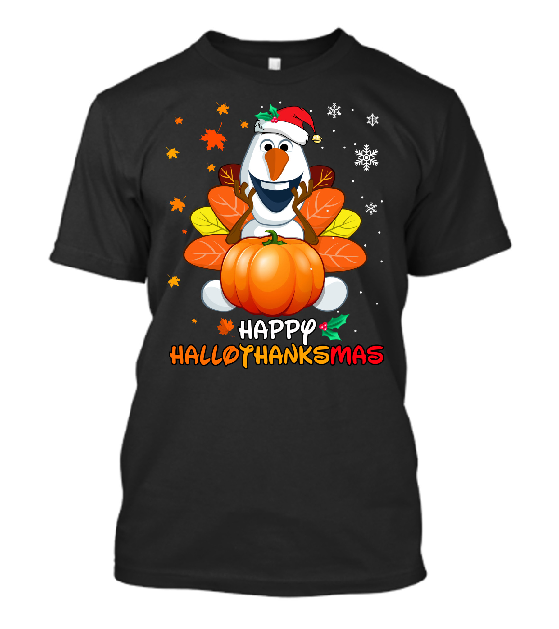 Happy Hallothanksmas Olaf Santa Hat Pumpkin Leaves Snowflakes T-Shirt