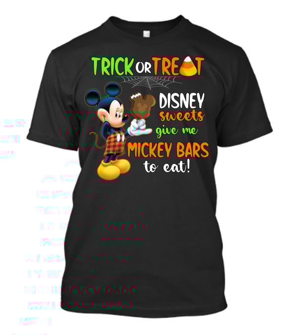 Trick Or Treat Disney Sweets Give Me Mickey Bars To Eat Candy Corn And Spiderweb With Mickey Mouse Eating Chocolate Ice Cream T-Shirt