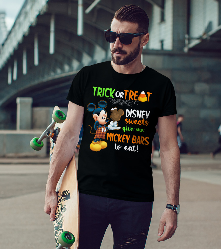 Trick Or Treat Disney Sweets Give Me Mickey Bars To Eat Candy Corn And Spiderweb With Mickey Mouse Eating Chocolate Ice Cream T-Shirt