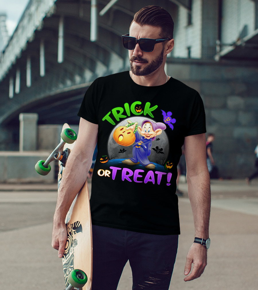 Trick Or Treat Dopey Halloween Disney Character With Pumpkin And Bat T-Shirt