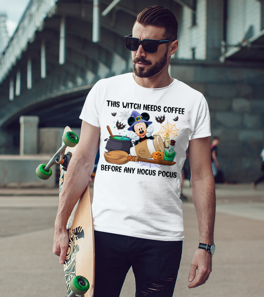 This Witch Needs Coffee Mickey Cauldron Bats Potion Pumpkin Broom Hocus Pocus T-Shirt