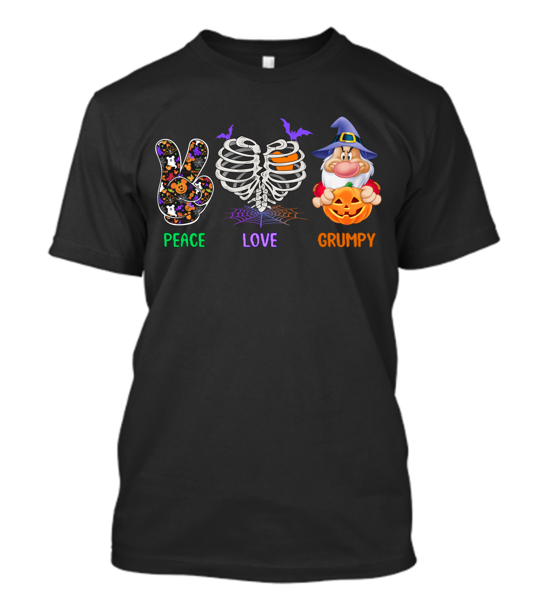 Peace Love Grumpy Halloween Skeleton Gnome With Pumpkin And Bat Hat T-Shirt