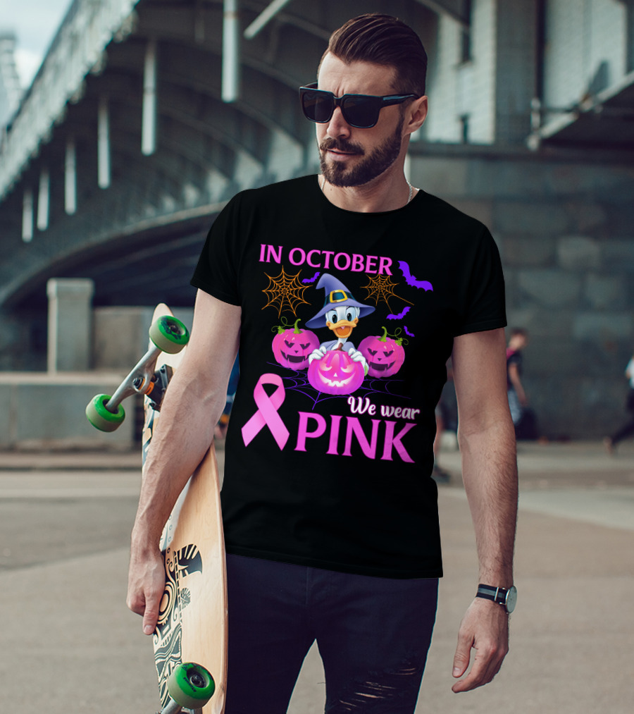 In October We Wear Pink Daisy D Breast Cancer Awareness Halloween Theme T-Shirt