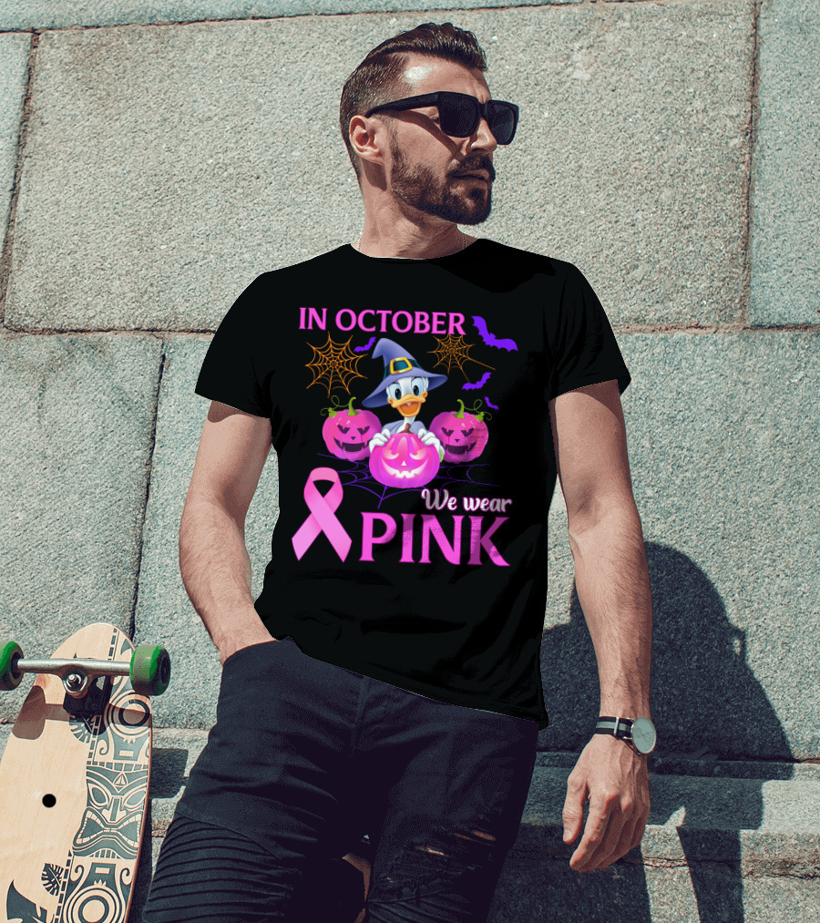 In October We Wear Pink Daisy D Breast Cancer Awareness Halloween Theme T-Shirt